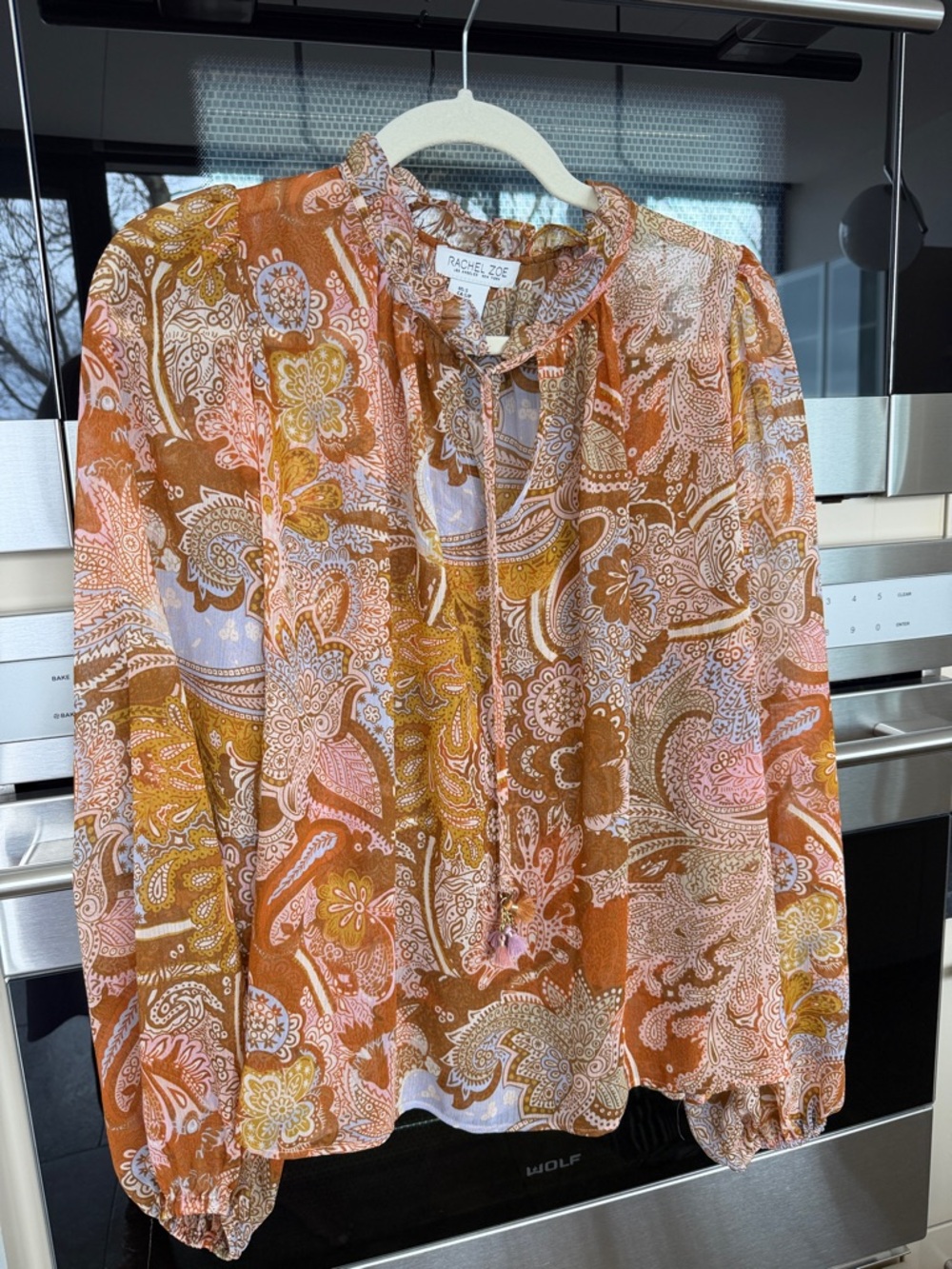 Rachel Zoe Paisley Tie-Neck Blouse in Orange, Pink & Brown